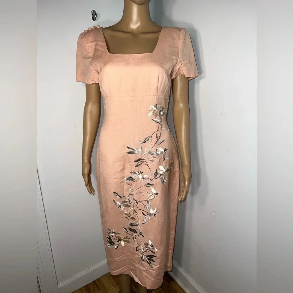 Vintage, Donna Morgan, 6, peach‎ with gray embroidered floral design, midi dress